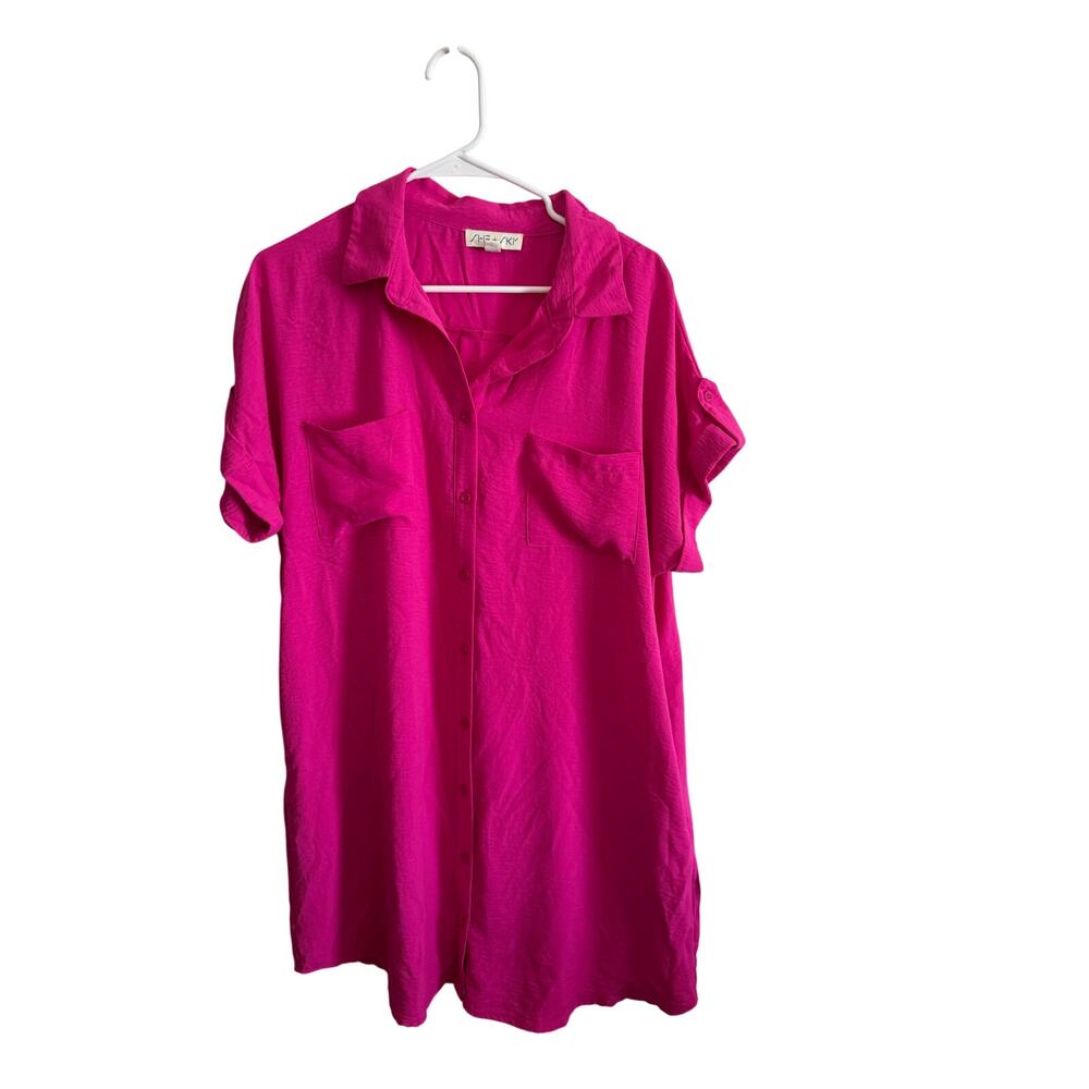 She + Sky Hot Pink Button Down Shirt Dress - Women's Large